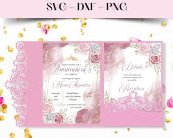 Tri Fold Swirls Quinceanera Invitation Template, SVG PNG DXF (Digital Download)