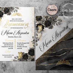 Editable Quinceanera Invitation Black and Gold Include Back Side 5x7", Black Gold Roses, Canva Template, Quince invites, Quinceañera Invite.