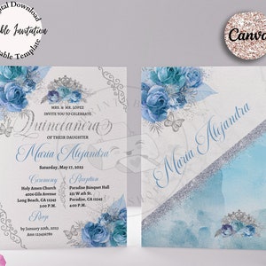 5x7 Baby Blue Turquoise Quinceanera Invitation, Include Back Side, baby blue floral quince, Canva Template, Mis Quince, Blue Butterflies
