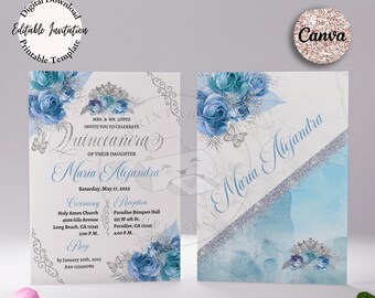 Blue Floral Quinceanera Invitation: Silver Butterflies, 5x7 (Canva Template)
