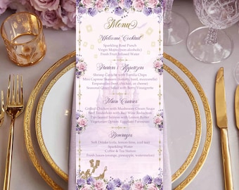 Tangled Menu: 4x9" Lilac Flowers (Digital Download, Editable Canva Template), rapunzel menu