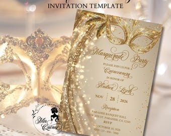 Masquerade Invitation · Mardi Gras · Gold Mask · Quinceañera · Sweet 16 · Canva Template.
