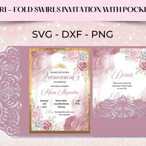 Invitation Quinceanera découpée au laser SVG : tourbillons, enveloppe de poche (téléchargement numérique)