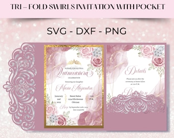 Laser Cut Quinceanera Invitation SVG: Swirls, Pocket Envelope (Digital Download)