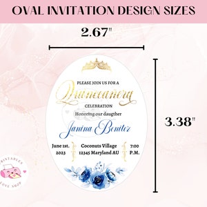 Royal Blue and Gold Quinceanera Invitation Custom Oval Invitation Template for Mirror Quince Invites PDF, JPG, PNG, Instant Download