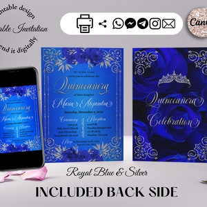 royal blue Quinceanera Invitation, quinceanera floral, quinceanera invite, royal blue silver, editable template, 15th birthday party.