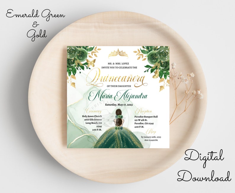 6x6 Emerald Green and Gold Quinceanera Invitation Floral Etsy