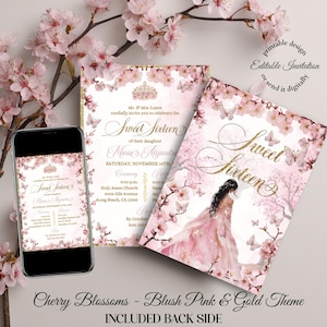 Könnte beinhalten: Sweet Sixteen Einladung mit einem blush pink und gold Thema. Das Design zeigt Kirschblüten, Schmetterlinge und elegante Schrift. Ein Smartphone zeigt die Einladung, zusammen mit gedruckten Versionen.