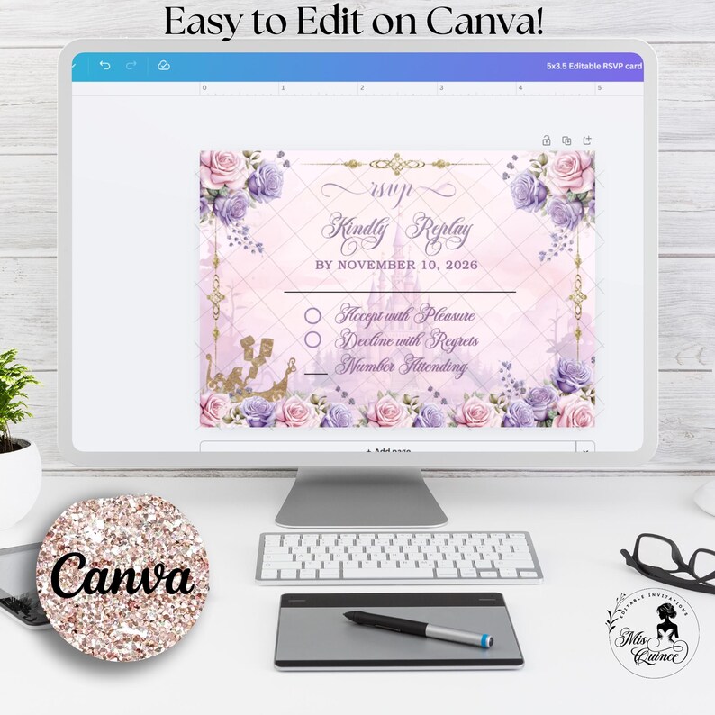 May include: A computer monitor displays a pink and purple RSVP card design with floral accents and the text "Kindly Replay." The screen also shows the text "Easy to Edit on Canva!" A round Canva logo is in the foreground.