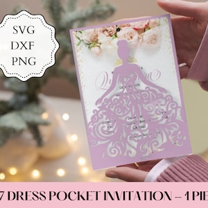 5x7 Pocket Dress Invitation SVG, DXF, PNG - 1 Piece. Quinceanera Invitation Laser Cut. Sweet 16 Party. Cricut Silhouette, Princess Invite.