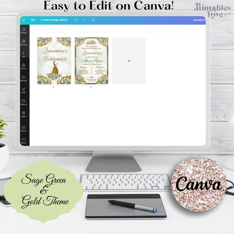 May include: A computer screen displaying a Canva design template for a Quincea&ntilde;era celebration invitation. The template features a sage green and gold colour scheme with a floral design and a silhouette of a young woman in a gown. The text on the template reads "Quincea&ntilde;era Celebration". The screen is on a desk with a keyboard, a drawing tablet, and a pen. A sticker with the word "Canva" is on the desk.