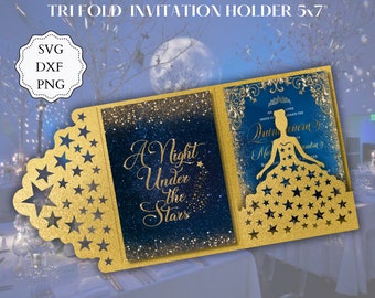 Under the stars Trifold Quinceanera invitation DXF, SVG, PNG, xv invitations. Quince Invites,  Cricut Cameo Cutting File Instant Download