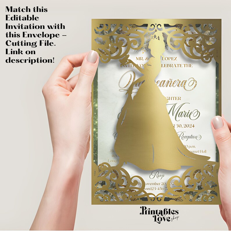 May include: A gold glitter Quincea&ntilde;era invitation featuring a silhouette of a young woman in a gown. The invitation includes the text "MR & LOPEZ CELEBRATE THE QUINCEA&Ntilde;ERA OF MARI" and the date "November 30, 2024".