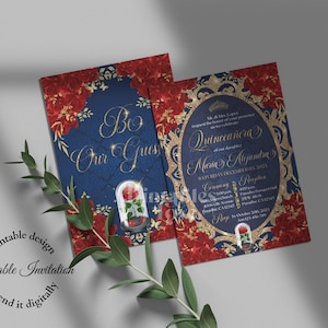 Editable Beauty and the Beast Invitation, 5x7&quot; Quinceanera Invitation, Red Roses Navy Blue Gold, Digital Invitation, mis quince, Canva.