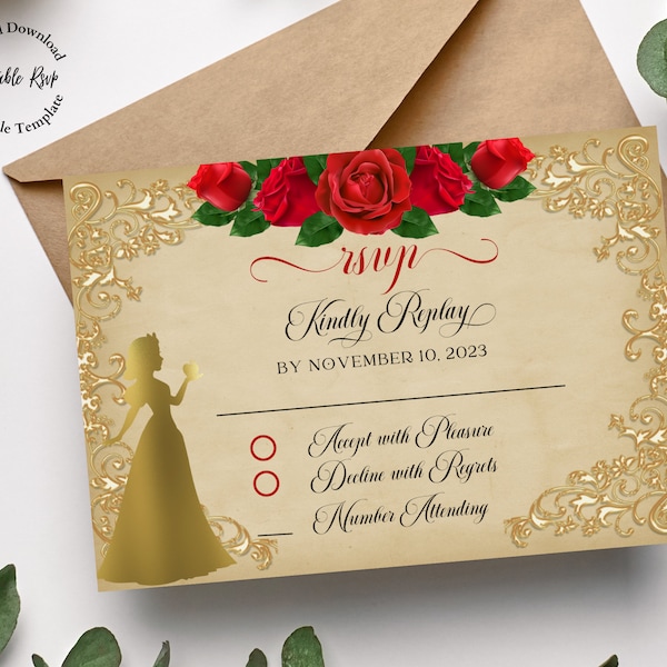 Quinceanera Rsvp Card Template Snow White theme, match with Quinceanera Invitation, 5x3.5" Editable Canva Rsvp Card, Red Roses. Mis quince