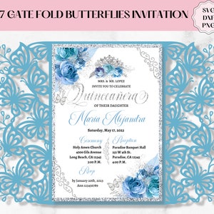 5 x 7 papillon carte modèle SVG DXF PNG, Gate Fold Butterfly Invitation Quinceanera Invitation, Mis coing, Cricut Silhouette, découpe laser