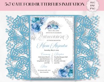 5x7 Butterfly card Template SVG DXF PNG, Gate Fold Butterfly Invitation Quinceanera Invitation, Mis quince, Cricut Silhouette, laser cutting