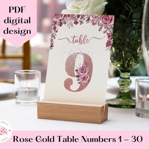 Rose Gold Table Numbers 1-30 PDF File ready to print, Printable Quinceanera Table Numbers, Floral Wedding Table Numbers, Mis Quince, Digital