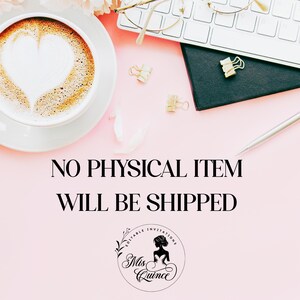 May include: A cup of coffee with heart-shaped latte art sits on a white saucer. The image includes a keyboard, glasses, paper clips, a pen, and the text "NO PHYSICAL ITEM WILL BE SHIPPED". A logo for "Mis Quince" is also present.