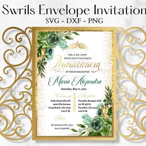 Laser Cut Svg Gate-Fold Swirls Envelope Invitation, Quinceanera Invitation, Mis Quince Card Template SVG, DXF, PNG, Cricut Cameo invite