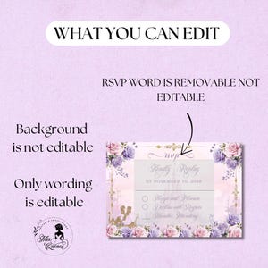 May include: A pink and purple invitation with floral accents and gold embellishments. The text reads "Kindly Replay" and "RSVP". The background is pink with a castle silhouette. The text "What You Can Edit" is at the top.
