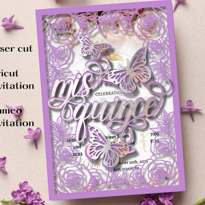 SVG Mis Quince invitation. PNG, DXF, butterflies Quinceanera Invitation, Laser Cut Invitation, Svg Template Cricut Quinceañera, Roses Card