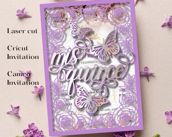 Laser Cut Mis Quince Invitation: Butterfly Roses SVG PNG DXF (Digital Download)