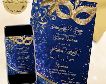Masquerade Party Invitation, Navy Blue and Gold, Sweet 16, Quinceañera, Canva Template, elegant invitation