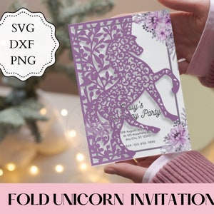 Invitation de licorne pliée en deux 5 x 7 découpée au laser, SVG, DXF, PNG, Invitation de Quinceanera, Invitation de licorne. Fichiers de découpe, invitation princesse svg