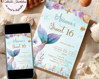 Teal and Lilac Under the Sea Invitation: Mermaid Tail Sweet 16, Quinceañera (Canva Editable, Digital Download)