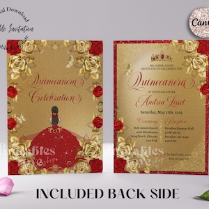 Editable Red and Gold Quinceanera Invitation, + Back Side, Red dress princess invitation, canva template, quince invites, xv invitations