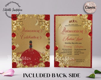 Red and Gold Quinceanera Invitation: Floral Canva Template (Digital Download)