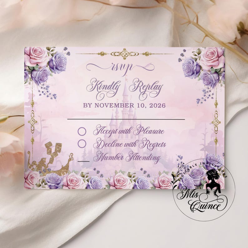 May include: RSVP card with a soft pink background, adorned with purple and pink roses. The text "Kindly Replay" is displayed in elegant script, with the date "BY NOVEMBER 10, 2026". Includes options to accept or decline, and a space for the number attending.