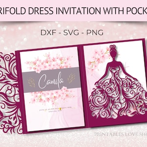 Cricut svg, Trifold Invitation, Dress Invitation svg, 5x7 Envelope Quinceanera invitation. Sweet 16 invitation. princess invitation