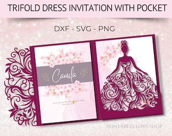 Dress Invitation SVG, Trifold Quinceanera Invite, Sweet 16 (Digital Download)