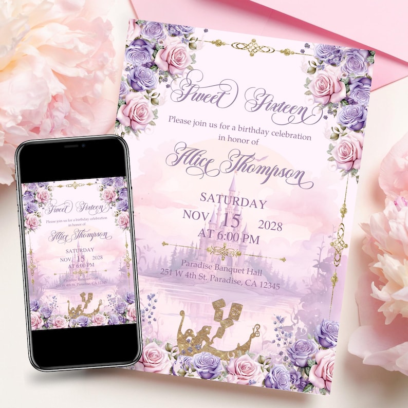 塔の上のラプンツェル招待状、スイート16招待状、ラプンツェル、スイートシックスティーン、キンセ招待状、デジタル招待状、キンセアネーラ編集可能招待状 画像 3