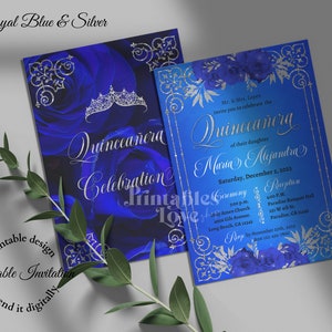 Quinceanera Invitation Royal Blue, Royal Blue Quince, editable invitation, canva template, quince invitations, printable invitation