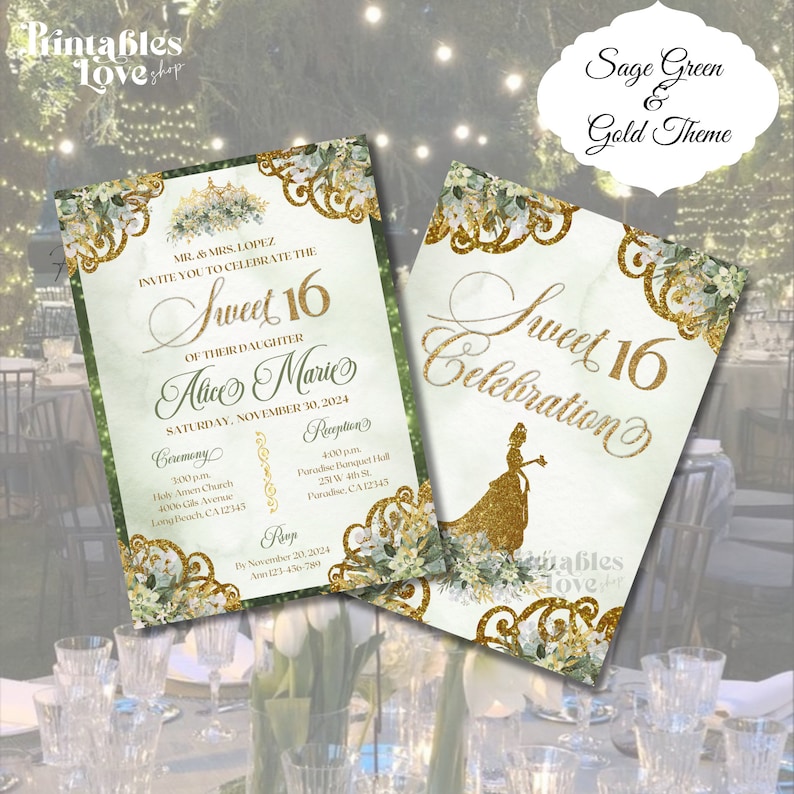 Op de afbeelding: Sagegroene en gouden Sweet 16-uitnodiging met bloemversieringen. De uitnodiging bevat de tekst "Sweet 16" en "Alice Marie" met details voor een ceremonie en een receptie.