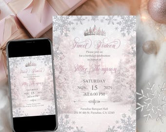 May include: A Sweet Sixteen invitation with a winter theme. The invitation is light pink with silver snowflakes and a crown. The text reads "Sweet Sixteen" and includes the date, time, and honoree's name. A smartphone displays the same invitation.