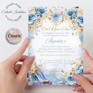 Cinderella Invitation Quinceanera, sweet 16 invitation, dusty blue floral, once upon a time, princess invitation, canva editable invitation