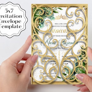 5x7 Gate Fold Swirls Envelope Invitation, Quinceanera Invitation, Mis Quince Card Template SVG, DXF, PNG, Cricut Cameo, quince invites.