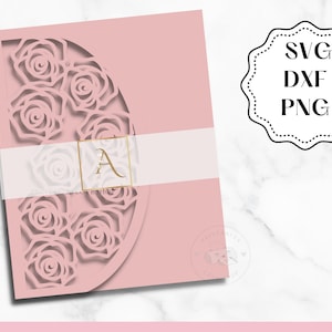 Laser Cut SVG Roses Invitation with Pocket DXF, PNG. 5x7 Tri Fold Quinceanera Invitation, xv Invitations, Quince Invites, Digital Files