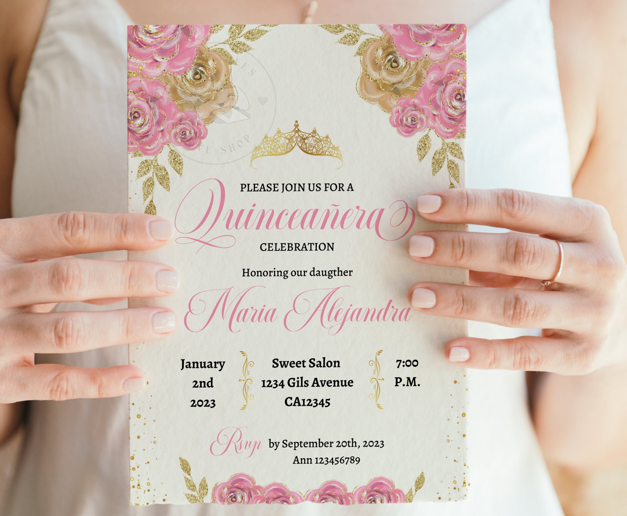 Invitación de quinceañera rosa y dorada: Plantilla editable de Canva  (descarga digital) - Etsy México, image size:2000x1647