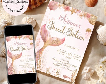 Mermaid Tail Sweet 16 Invitation | Rose Gold & Gold | Digital Quinceañera or Sweet Sixteen Invitation | Canva Template, Instant Download