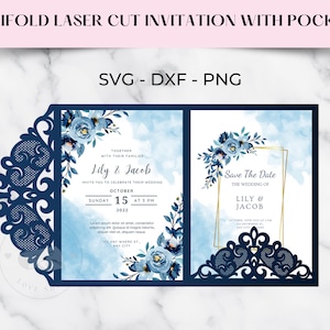 Laser Cut Tri Fold Quinceanera Invitation with Pocket SVG, DXF, PNG.  mis quince invites, xv invitations, laser cut invitations