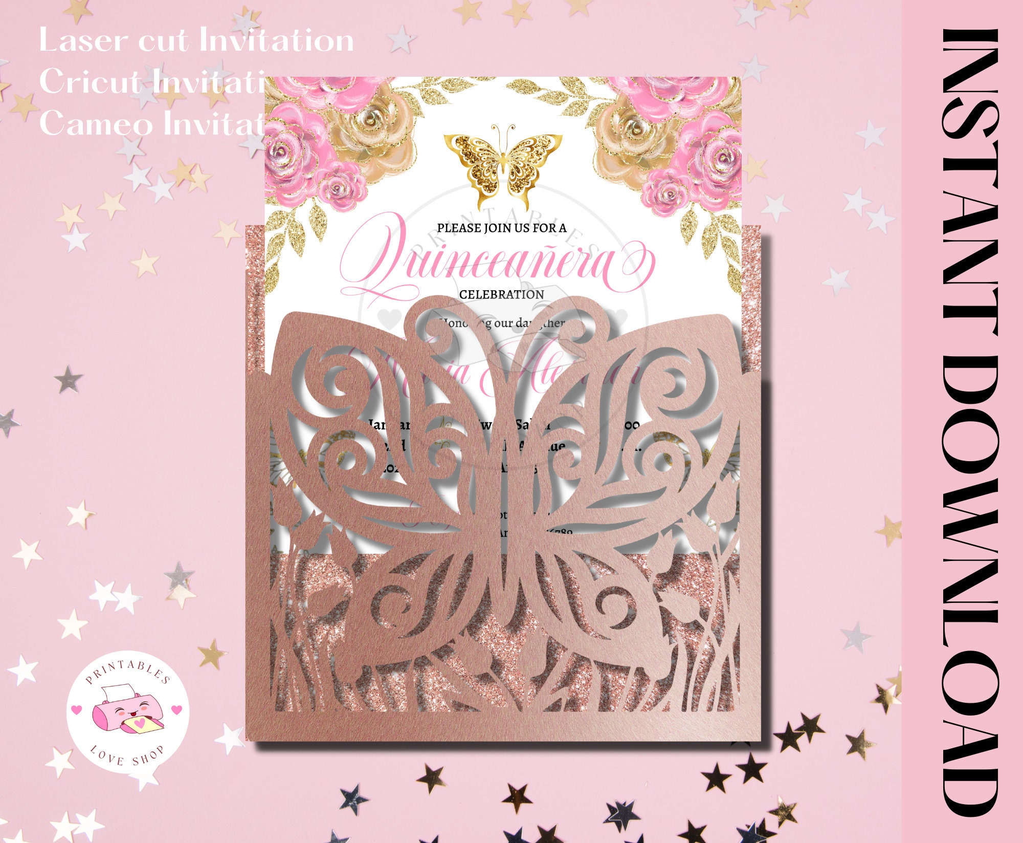 Invitación de mariposa SVG, invitación de quinceañera DXF, PNG. 6x6 Corte  láser Invitación Svg, quinceañera svg, invitaciones de membrillo - Etsy  México, image size:2000x1647