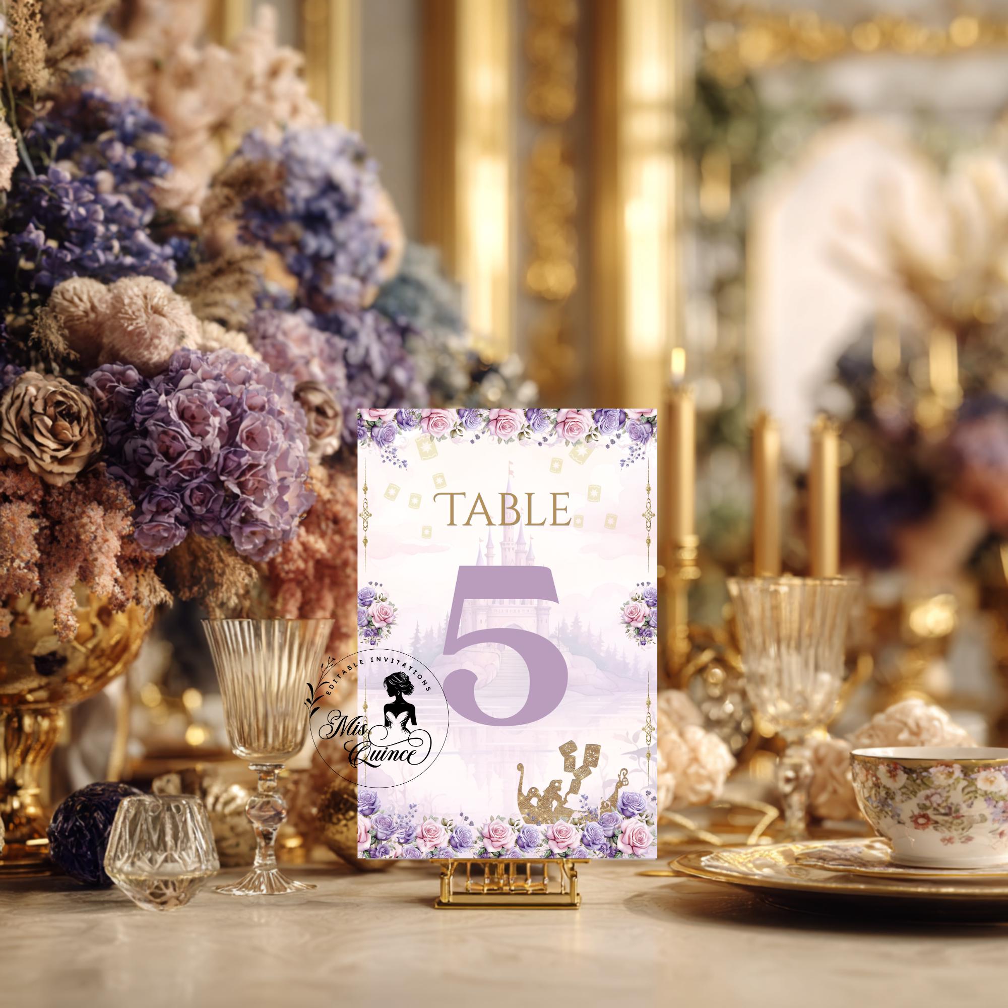 ラプンツェルのテーブルナンバーサイン：ライラック＆ゴールドの