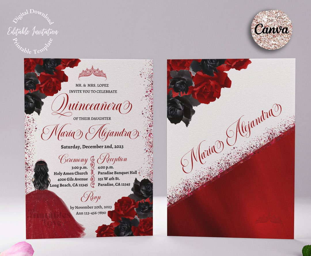 Invitación floral roja y negra para quinceañera: Plantilla editable de  Canva (descarga digital) - Etsy México, image size:1080x889
