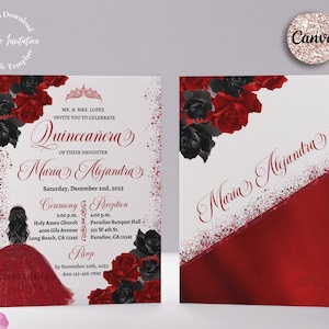 Invitation de Quinceanera rouge et noir 5 x 7, Inclure la conception arrière, Floral rouge et noir, Modèle Canva modifiable, Mis Quince, invitations xv