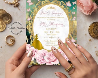 Princess Tiana Sweet 16 Invitation • Pink Floral Canva Template (Digital Download)